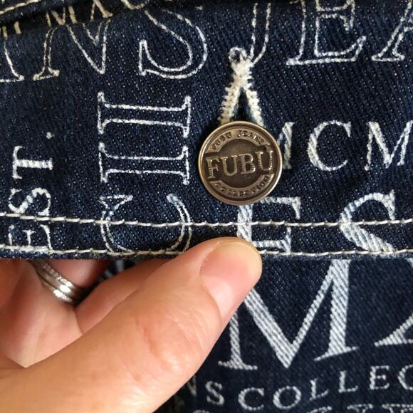 Vintage 90s FUBU Denim All Over Print MCMXCII Jeans Collection Jacket 5X - Picture 3 of 14